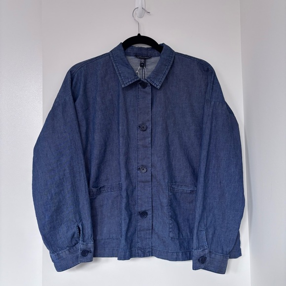 Eileen Fisher Organic Cotton Twill Jacket in Denim Blue Oversized Top | Size L - Picture 2 of 7